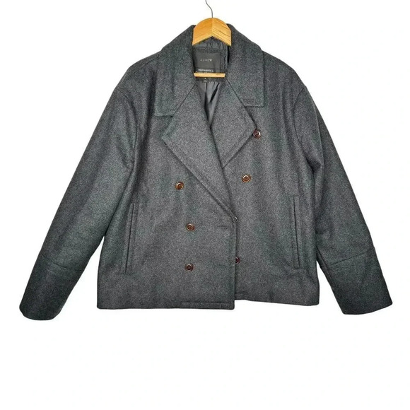J CREW Melton Wool Charcoal Grey Peacoat Jacket Minimalist Preppy Warm Size 14